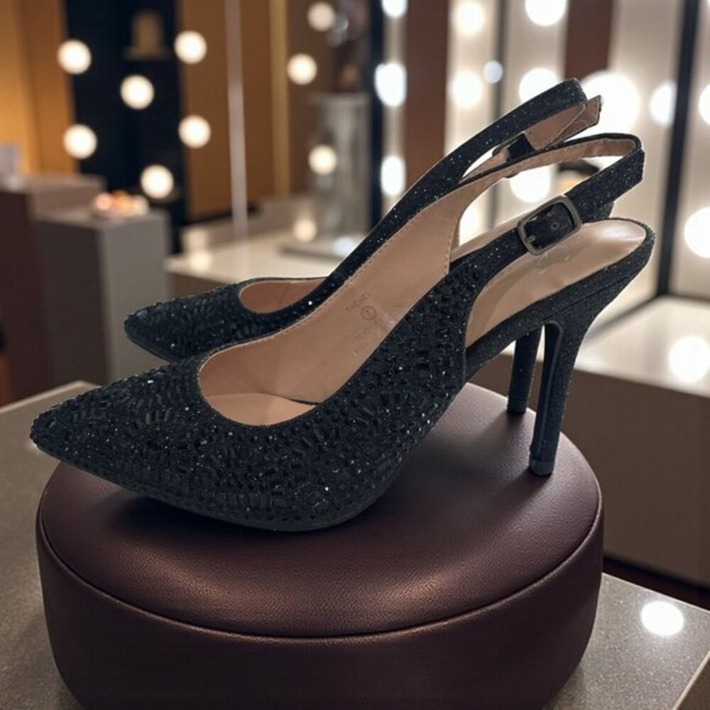 Lauren Lorraine‎ Black Rhinestone Slingback Heels Size 7 Party Glam Dress Shoes
